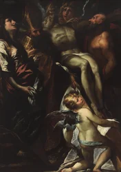 Nedstigningen fra korset med de hellige Maria Magdalene, Augustin, Hieronymus og engle, ca. 1618