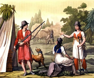 Buccaneers og kvinder flibustier: Piraten Jack Rackham siger, at Red eller John Rackham, bedre kendt som Calico Jack (? -1720) repræsenteret med Anne Bonny (Bonney) og Mary (Marc) Read i Vestindien. Tallerken taget fra ""Det gamle og moderne kostume"" af F