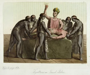 Topiltzin (ypperstepræst for oldtidens mexicanske civilisationer) bringer et menneskeofring - i "" The Ancient and Modern Costume"" af Jules Ferrario