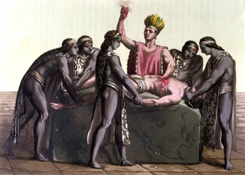 Topiltzin (ypperstepræst for oldtidens mexicanske civilisationer) bringer et menneskeofring - i "Det antikke og moderne kostume"" af J. ferrario