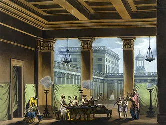 Triclinium oplyst med olielamper i det antikke Grækenland: banketscene - i "" Det gamle og moderne kostume""" af Jules Ferrario, red. Milano