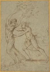 Apollo and Daphne (pen og brunt blæk på grønblåt lagenpapir)