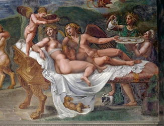 Amor og Psyche med deres datter Voluptas (Nydelse) liggende på en seng, detalje fra Bryllupsfest eller Gudernes banket, Palazzo Te, Mantova (UNESCO
