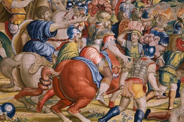 flamsk gobelin. Serien The Acts of Scipio: Slaget ved Zama. Tegneren Giulio Romano. Atelier af Balthasar van Vlierden (?), Bruxelles. 1523-1532. Detalje.