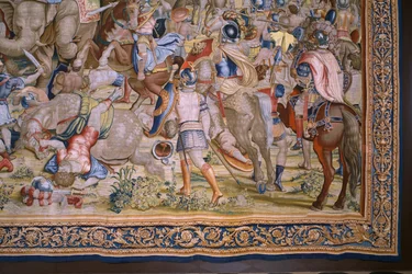 flamsk gobelin. Serien The Acts of Scipio: Slaget ved Zama. Tegneren Giulio Romano. Atelier af Balthasar van Vlierden (?), Bruxelles. 1523-1532. Detalje.