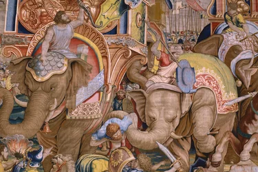 flamsk gobelin. Serien The Acts of Scipio: Slaget ved Zama. Tegneren Giulio Romano. Atelier af Balthasar van Vlierden (?), Bruxelles. 1523-1532. Detalje.