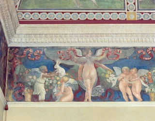 Frise fra Camera con Fregio di Amorini, Kammeret med amorinfrisen, detalje af to amoriner, den ene sort, der leger med kaniner, 1520