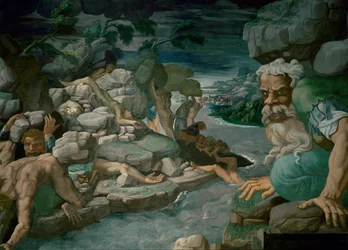 Kæmper, der forsøger at storme Olympos, bliver knust under faldende sten (freske)