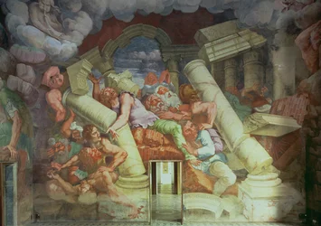 Sala dei Giganti, detaljer om ødelæggelsen af giganterne af Jupiters tordenbolte, 1536 fresco for detaljer se 78488