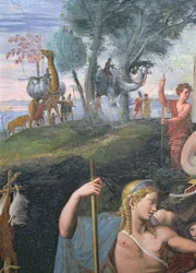 Den ædle banket, der fejrer Amors og Psyches ægteskab, detaljer, der viser hovedet af Apollo med en procession af eksotiske dyr i baggrunden, fra Sala di Amore e Psiche, 1528