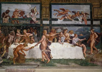 Bryllupsfest eller gudernes festmåltid, fresko af Giulio Romano (1499-1546), vestvæggen i Amor og Psykes kammer, Palazzo Te, Mantova (UNESCO