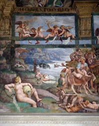 Bryllupsfest eller banket af guder, fresco af Giulio Romano (1499-1546), West Wall of Chamber of Cupid og Psyche, Palazzo TE, Mantua (UNESCO World Heritage List, 2008), Lombardy, Italien