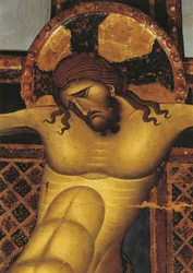 Nærbillede af et vægmaleri af Jesus Kristus, St. Dominic Church, Giunta Pisano, Bologna, Emilia Romagna, Italien