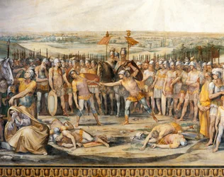 Kamp mellem Horatii og Curiatii, af Giuseppe Cesari (1568-1640), fresco, Hall of Horatii og Curiatii, Conservatories Palace, Rom, Romerriget, Italien