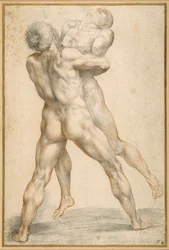 Hercules, der brydes med Antaeus (sort og rødt kridt på hvidt papir)