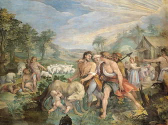 Romulus og Remus, diet af en ulvinde, fundet af Faustulus ved Tibers bredder, af Giuseppe Cesari (1568-1640), fresko, Horatiernes og Curiatiernes sal, Konservatorpaladset, Rom, Det Romerske Kongerige, Italien