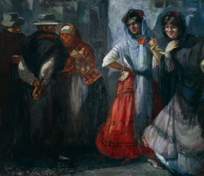 Gårdgalanterier, maleri af Giuseppe Aprea (1876-1946), olie på lærred. Italien, 20. århundrede.