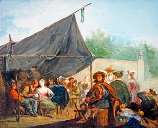 En lejrscene med figurer, der drikker (olie på lærred)