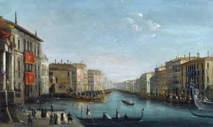 Udsigt over Canal Grande fra Palazzo Balbi ser mod Rialtobroen med en Regatta af Bison, Giuseppe Bernardino (1762-1844). Olie på lærred, størrelse: 48,9x81,9,