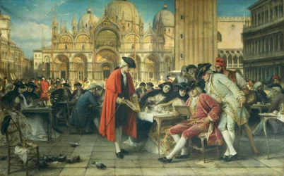 Maleren Francesco Guardi, Canalettos rival, sælger sine billeder af Giuseppe Bertini (1825-1898), olie på lærred
