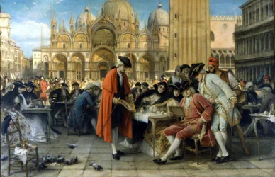 Maleren Francesco Guardi sælger sine malerier foran Caffè Florian. 1892. Maleri af Giuseppe Bertini. Galleria d