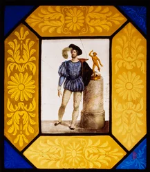 Billedhuggeren Mauro Gandolfi klædt som Giambologna af Giuseppe Bertini (1825-1898), ildmalet glas 49x42 cm, Italien