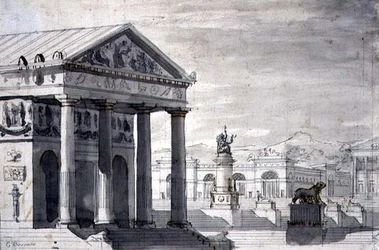 Neoklassisk scenografi, ca. 1825 (pen og blæk og sepiavask på papir)