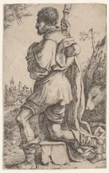 Sankt Roch, knælende på en sten, set fra siden med sin hund bag sig..., 1620-30.