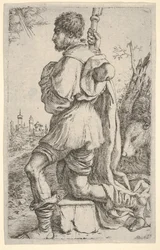 Saint Roch, knælende på en sten, set fra siden med sin hund bag sig og en by..., 1620-30.