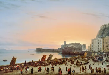 Solnedgang på napolitansk havnefront, ca 1838, af Giuseppe Canella (1788-1847), olie på lærred, 90x135 cm