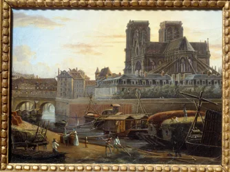 Saint Charles-broen, hotel dieu, archeveche og Notre Dame set fra Quai de la Tournelle i Paris. Maleri af Giuseppe Canella (1788-1847) EC.ITAL.