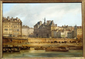 Rådhuset og place de Greve set fra Ile de la Cite i Paris. Maleri af Giuseppe Canella (1788-1847) EC.ITAL.