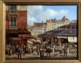 Udsigt over hallerne i Paris Maleri på pap af Giuseppe Canella (1788-1847) 1828. Dim 0,14 x 0,19 m Paris, Musee Carnavalet