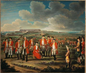 Lady Louisa Lennox med sin mands Regiment, 25th Regiment of Foot, med Lord George Lennox ved siden af sig og Fort St Philip, Port Mahon, i baggrunden, ca. 1771