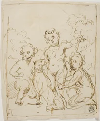 Tre putti og en hund i et landskab