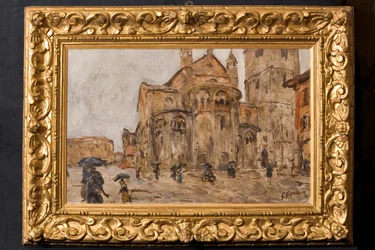 Piazza Grande in the Rain (olie på krydsfiner)