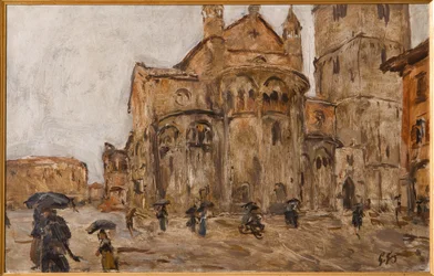 Piazza Grande in the Rain (olie på krydsfiner)