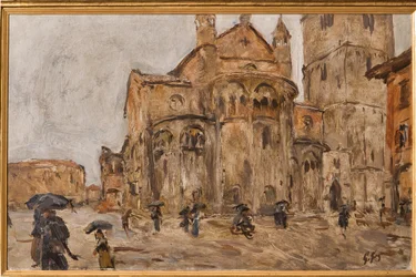 Piazza Grande in the Rain (olie på krydsfiner)