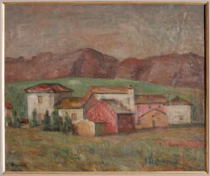 Landsby ved foden af bjergene (olie på lærred)