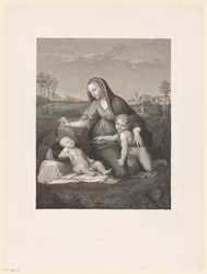 Maria med barn og den unge Johannes Døberen i et landskab Madonna del Velo