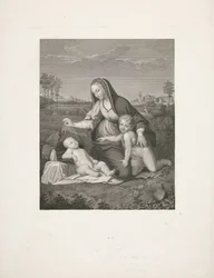 Maria med barn og den unge Johannes Døberen i et landskab Madonna del Velo