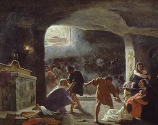 De første kristne dræbt i katakomberne, maleri af Giuseppe Mancinelli (1813-1875)