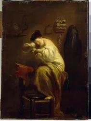 Kvinde leder efter lopper. (Kvinde leder efter lopper). Maleri af Giuseppe Maria Crespi (1665-1747), olie på lærred, ca. 1710. Italiensk kunst (Bologna)