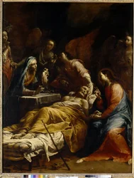 Sankt Josefs død. En gammel mand ligger på sit dødsleje, omgivet af Jomfru Maria, Jesus Kristus, som velsigner ham, og engle. Maleri af Giuseppe Maria Crespi, kaldet Lo Spagnolo (1665-1747), olie på lærred, ca. 1712. Italiensk kunst