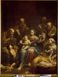 Den Hellige Familie (Den Hellige Familie). Jomfruen og Kristusbarnet er i midten af ​​maleriet, omgivet af Josef, Sankt Elisabeth og Sankt Johannes Døberen, barn. Maleri af Giuseppe Maria Crespi kendt som Lo Spagnolo (1665-1747), olie på lærred, omkring 17