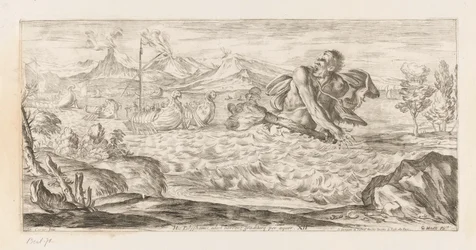 Polyphemus achtervolgt de vloot af Aeneas Her er Polyphemus til stede, rædselsfuld, skridende over sletten (titel på objekt) Omzwervingen van Aeneas (serietitel) L