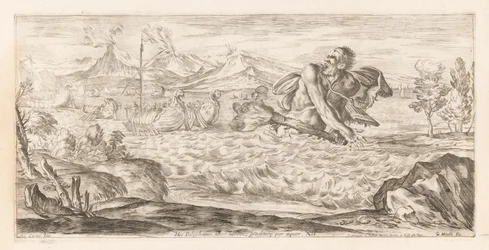 Polyphemus achtervolgt de vloot af Aeneas Her er Polyphemus til stede, rædselsfuld, skridende over sletten (titel på objekt) Omzwervingen van Aeneas (serietitel) L