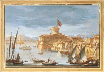 Udsigt over Livorno havn, af Giuseppe Maria Terreni, illustration