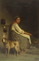 Kvinde med hund og kat ved pejs