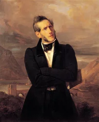 Portræt af Alessandro Manzoni med udsigt over Lecco, maleri af Giuseppe Molteni (1800-1867), landskab malet af Massimo d